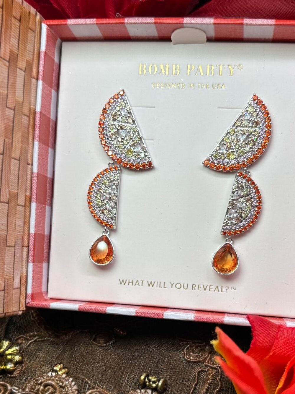 Bomb Party "Under The Orange Tree" Market Fresh Drop Earrings with Rhodium Plati